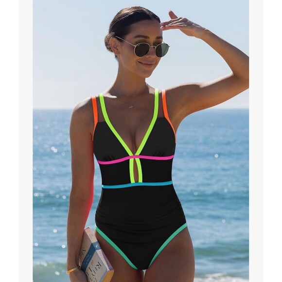 popvil One Piece Swimsuit Tummy Control Sexy Cutout Neon Color Block size Small - Picture 1 of 12